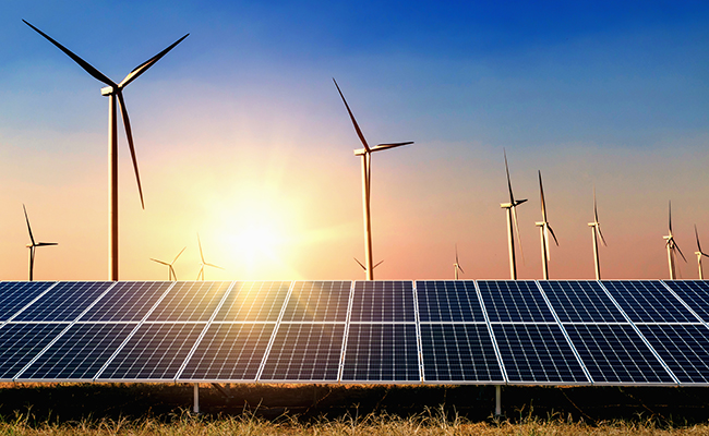 Solar cell panels and windmills in the sunlight