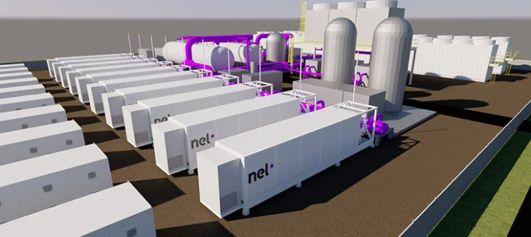 PMS plant with electrolysers, tanks and racks set up outside with blurry grey background