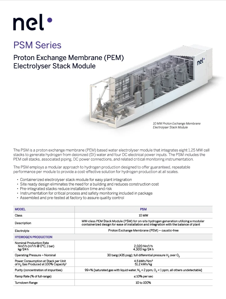 Screenshot of a PSM series spec sheet